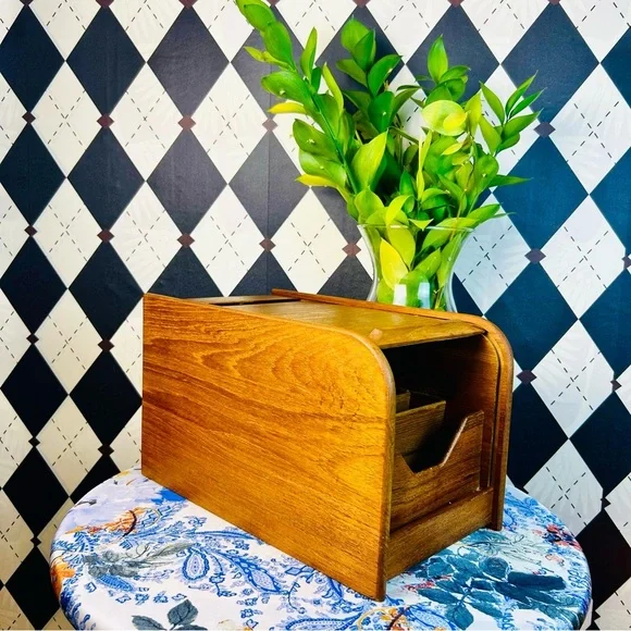 Teak Tambour Door Vintage Desktop Organizer| Recipe Card or Letter Holder - Picture 6 of 17